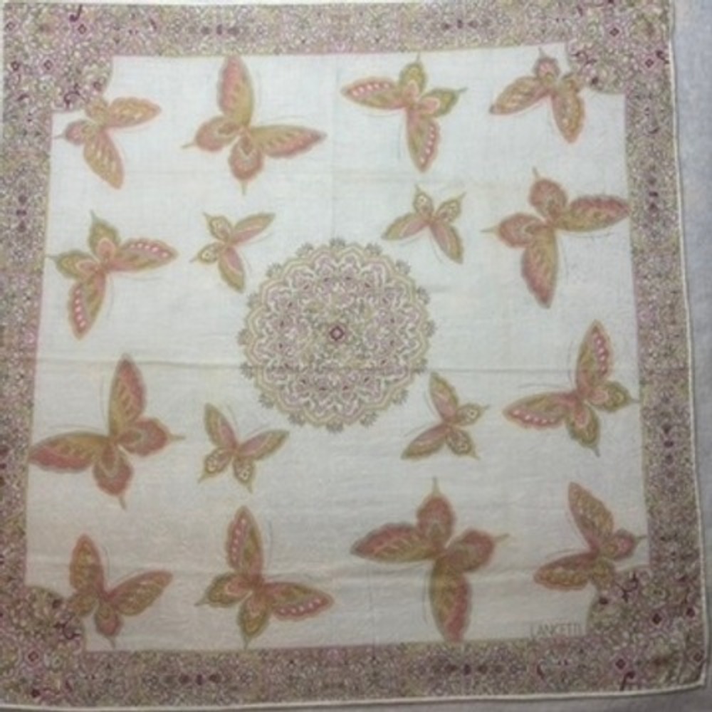 VTG LANCETTI Scarf Handkerchief Butterfly Mandala White Pink Gold 21.5"